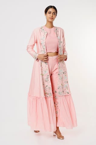Floral Embroidered Ruffle Hem Jacket Pant Set 
