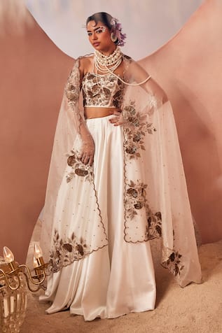 Sachkiran Bimbra Solid Satin Gathered Flare Lehenga Set 