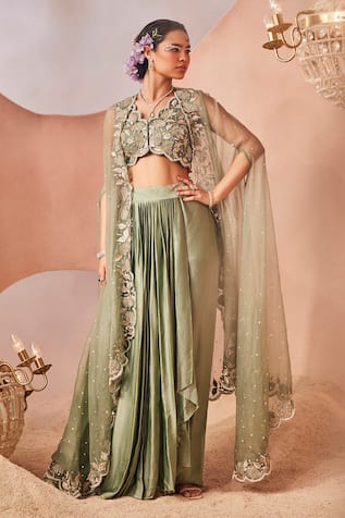 Sachkiran Bimbra Ivy Bloom Embroidered Sheer Cape Draped Skirt Set 