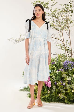 Meadow Blue Toile De Jouy Print Asymmetric Dress 
