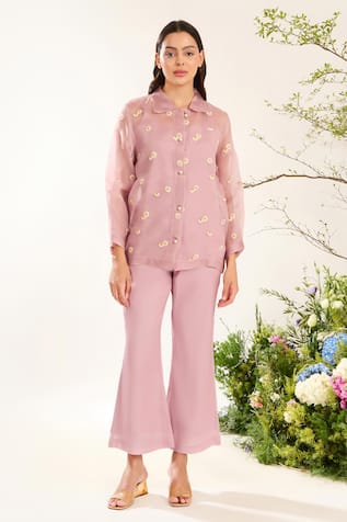 Meadow Daisy Embroidered Silk Cotton Pant Set 