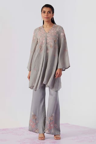 One Not Two Floral Embroidered Tunic With Bell Bottom Pant 