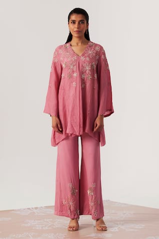 One Not Two Geometric Embroidered Tunic With Bell Bottom Pant 