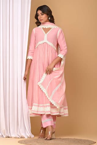 Gulabik Jaipur Chanderi Handloom Yoke Anarkali & Pant Set 