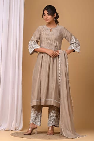 Gulabik Jaipur Floral Embroidered Chanderi Kurta & Pant Set 