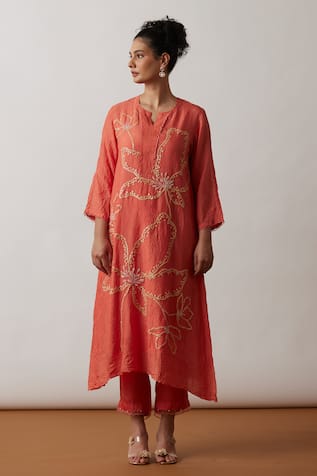 One Not Two Embroidered Asymmetric A-Line Kurta & Pant Set 