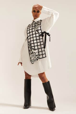 MINI SONDHI Shirt Dress With Hand Embroidered Grid Bib 