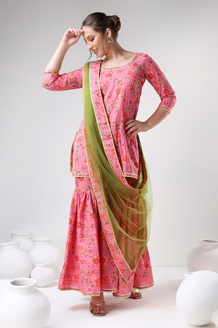 POMCHA JAIPUR Sadabhar Floral Print Kurta Sharara Set