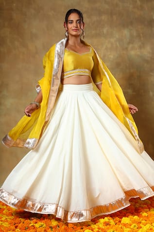 POMCHA JAIPUR Yellow Off White Silk Lehenga Set 