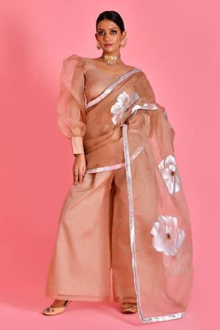 Floral Hand Painted Palazzo Saree With Blouse 