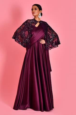 Bannhi By Priyanka Rathore Draped Saree Gown With Embroidered Cape 