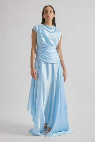 Deme by Gabriella Azura Solid Satin Draped Dress 