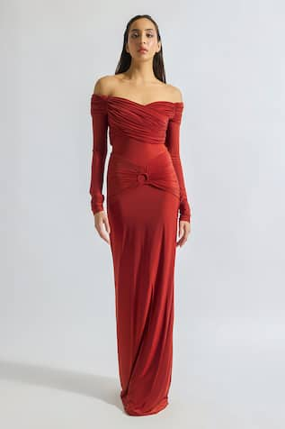 Deme by Gabriella Giulia Solid Off-Shoulder Draped Dress 