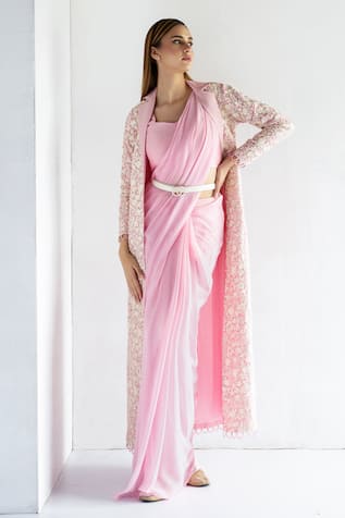 Bharat Adiani Solid Pre-Stitched Draped Saree Set With Embroidered Jacket 