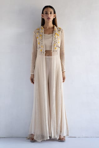 Bharat Adiani Crochet Palazzo Set With Embroidered Jacket 