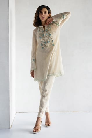 Bharat Adiani A-Line Crochet Kurta & Pant Set 