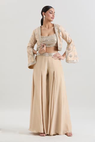 Basanti - Kapde Aur Koffee x AZA Mirror Embroidered Cropped Jacket Sharara Set 