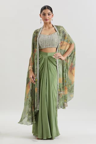 Basanti - Kapde Aur Koffee x AZA Floral Print Cape & Draped Skirt Set 