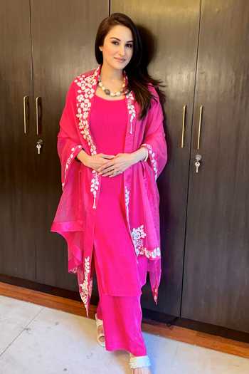 Preeti Mehta Pleated Kurta Set With Floral Pearl Embroidered Dupatta 