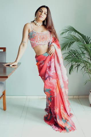 PREETI MEHTA Pleated Pre-Draped Printed Saree With Blouse 