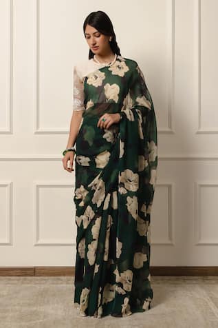 Atelier Shikaarbagh Contrast Rose Print Saree With Unstitched Blouse Piece 