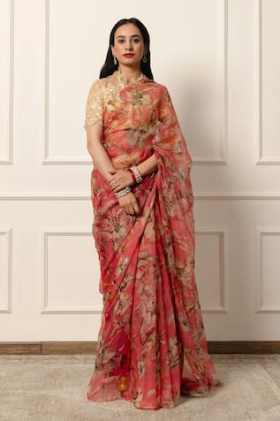 Atelier Shikaarbagh Botanical Print Saree With Unstitched Blouse Piece 