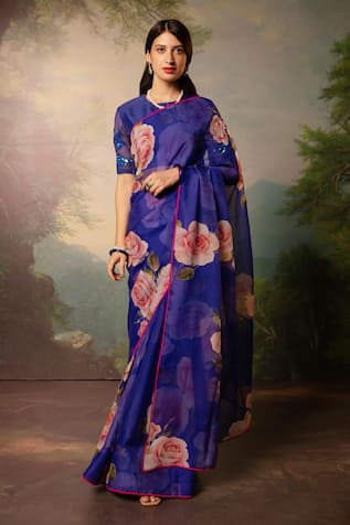 Atelier Shikaarbagh Contrast Print Saree With Unstitched Blouse Piece 