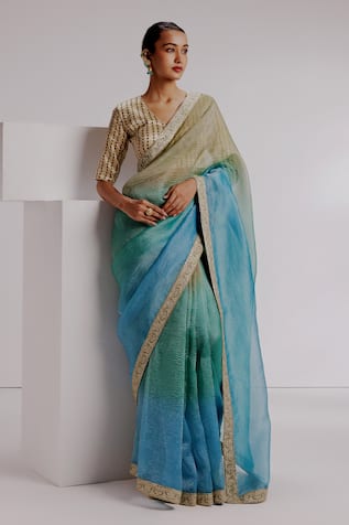 Taisha Ombre Textured Saree Set With Geometric Woven Blouse 