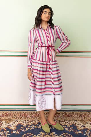 SHIMONA Striped Embroidered Border Midi Dress 