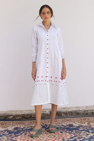 SHIMONA Poppy Flower Embroidered Shirt Dress 