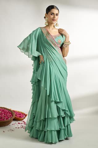 Frilled Pre-Draped Saree With Printed Blouse 