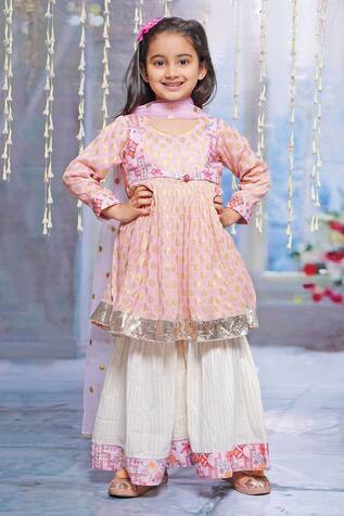 Little Bansi Geometric Floral Work Kurta Sharara Set 