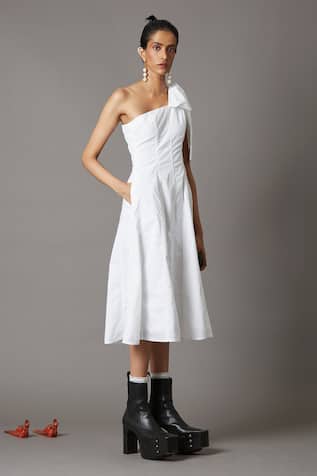 Buy White 100% Cotton Asymmetric Socket One Shoulder Midi Dress
