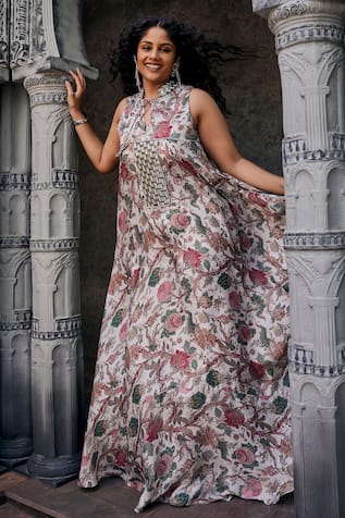 Mamicha Botanical Print Asymmetric Gown 