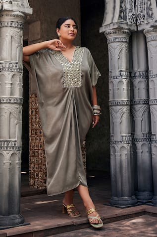 Mamicha Mirror Embroidered Front Kaftan Dress 