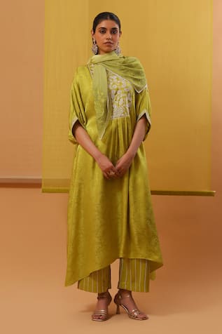 Sue Mue Nura Floral Jacquard Embellished Kaftan Pant Set 