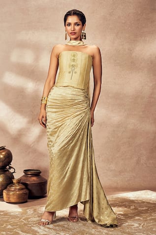 Dori Sequin Embroidered Corset Printed Draped Skirt Set 