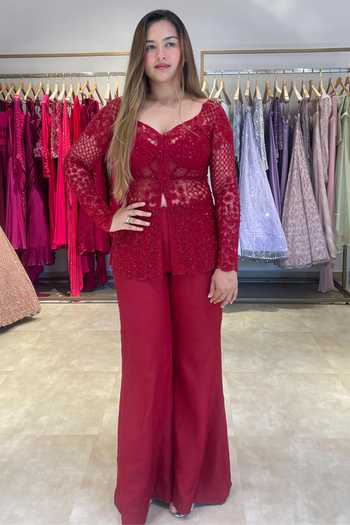 K & A By Karishma And Ashita Carmine Embroidered Jacket Flared Pant Set 