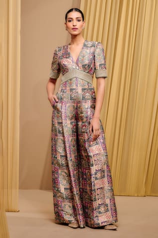 Tarun Tahiliani Floral Tile Brocade Pattern Jumpsuit 