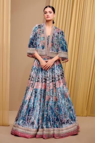 Tarun Tahiliani Silk Velvet Signature Print Lehenga & Cape Set 