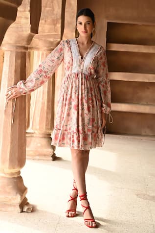 Sage Saga Barkha Floral Print Frill Dress 