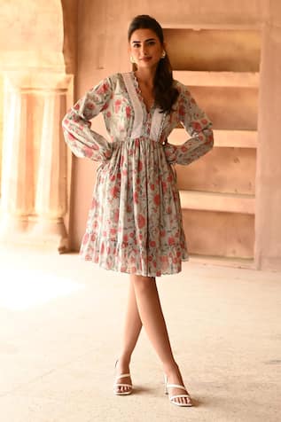 Sage Saga Barkha Floral Print Scalloped Dress 