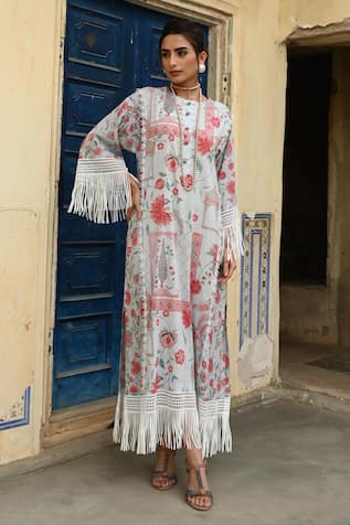 Sage Saga Barkha Floral Print Fringed Kaftan 