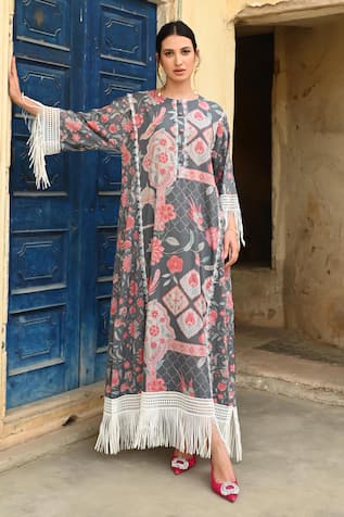 Sage Saga Barkha Printed Fringed Kaftan 