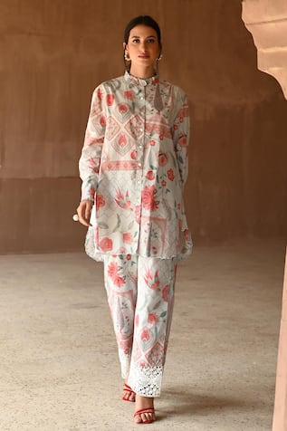 Sage Saga Barkha Printed Scalloped Shirt Tunic With Pant 