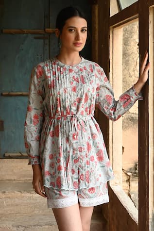 Sage Saga Barkha Floral Printed Scalloped Shirt 