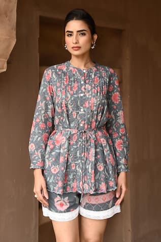 Sage Saga Barkha Printed Scalloped Shirt With Shorts 