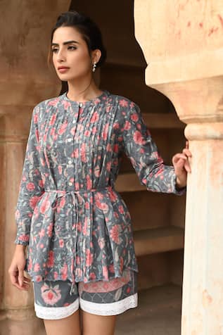 Sage Saga Barkha Printed Scalloped Shirt 