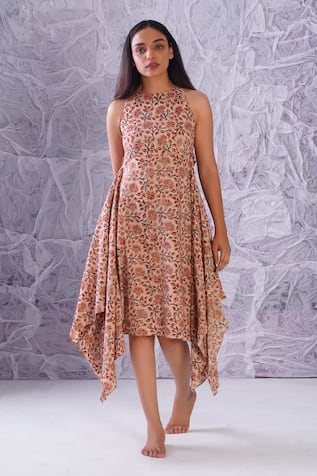 Label RaMa Floral Hand Block Printed Asymmetric Dress 