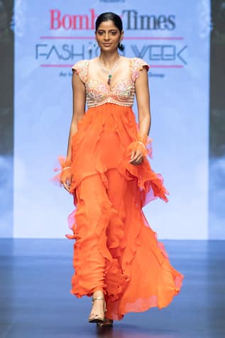 Orange Resham Floral Anarkali & Palazzo Set For Kids